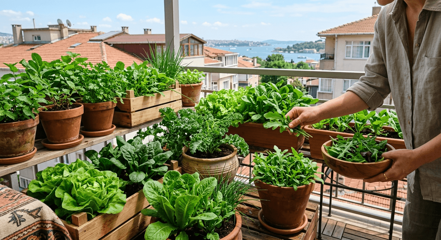 Balkonda marul, roka ve maydanoz yeşillik bahçesi