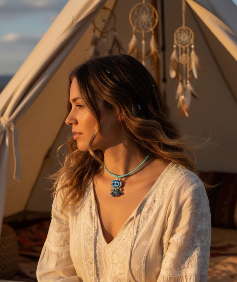 Mavi Mardin nazarlığı gümüş kolye