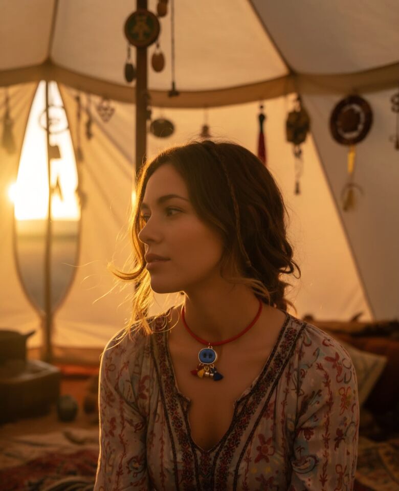 Kırmızı Mardin nazarlığı gümüş kolye