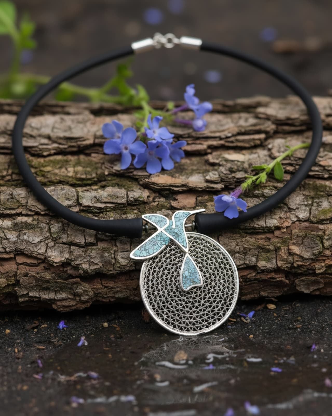 Telkari sinek kuşu gümüş kolye