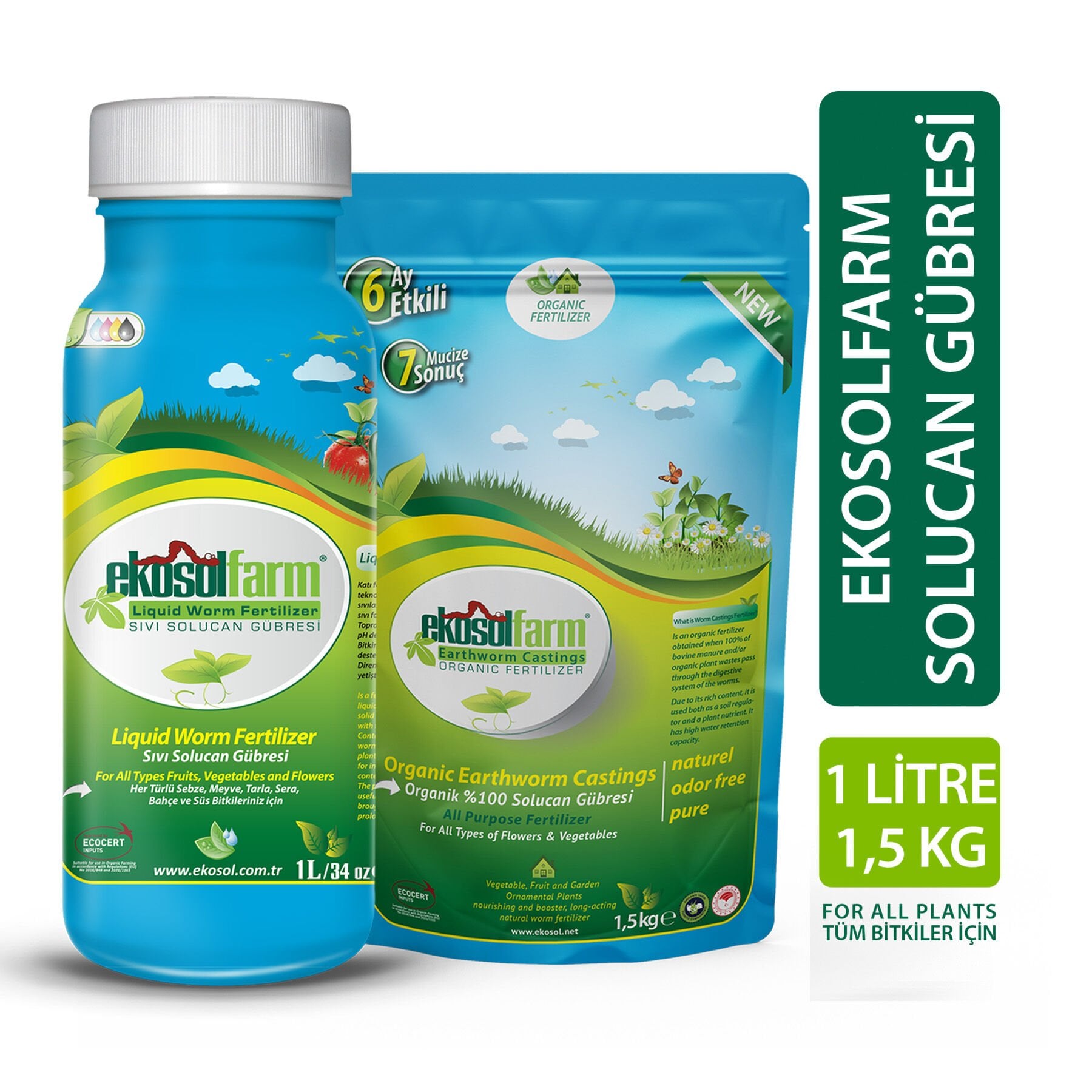 EkosolFarm Sıvı + Katı Solucan Gübresi Seti 1 Lt + 1,5 Kg