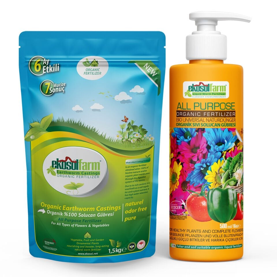 EkosolFarm Katı + Sıvı Solucan Gübresi Seti 1,5 Kg + 500 ml