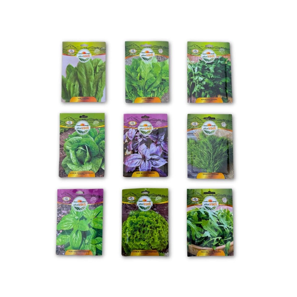 Salata Bahçesi Tohum Seti – 9 Farklı Yeşillik Çeşidi Bir Arada (Ispanak, Fesleğen, Maydanoz, Marul, Dereotu ve Daha Fazlası)