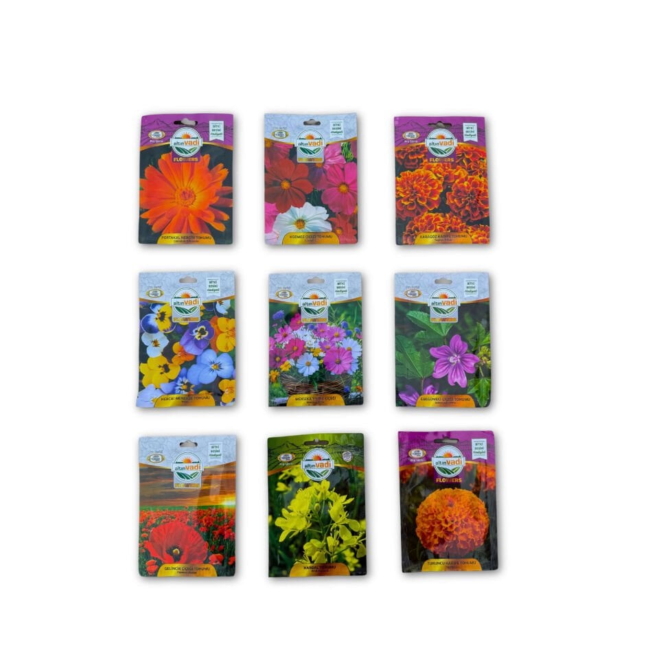 Çiçek Bahçesi Tohum Seti – 9 Çeşit Çiçek Tohumu Bir Arada | Gelincik, Kadife, Kozmos, Hercai Menekşe ve Daha Fazlası