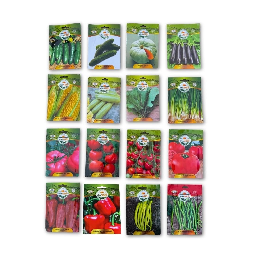 Yaz Sebzesi Karması Tohum Seti – 16 Çeşit Sebze Tohumu Bir Arada | Salatalık, Domates, Biber, Patlıcan, Kabak ve Daha Fazlası