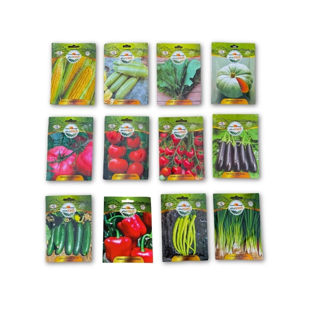 Yaz Sebzesi Karması Tohum Seti – 12 Çeşit Sebze Tohumu Bir Arada | Salatalık, Domates, Biber, Patlıcan, Kabak ve Daha Fazlası